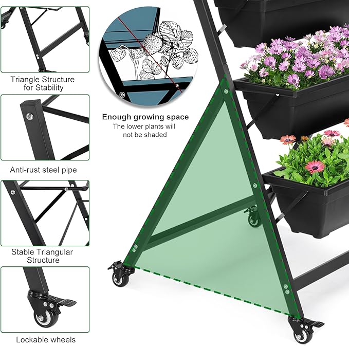 Raised Garden Bed 5 Tier Vertical Garden Planters Indoor Outdoor Raised Planter Box with Wheels Elevated Herb Garden Planter for Flowers Vegetables Plants Black