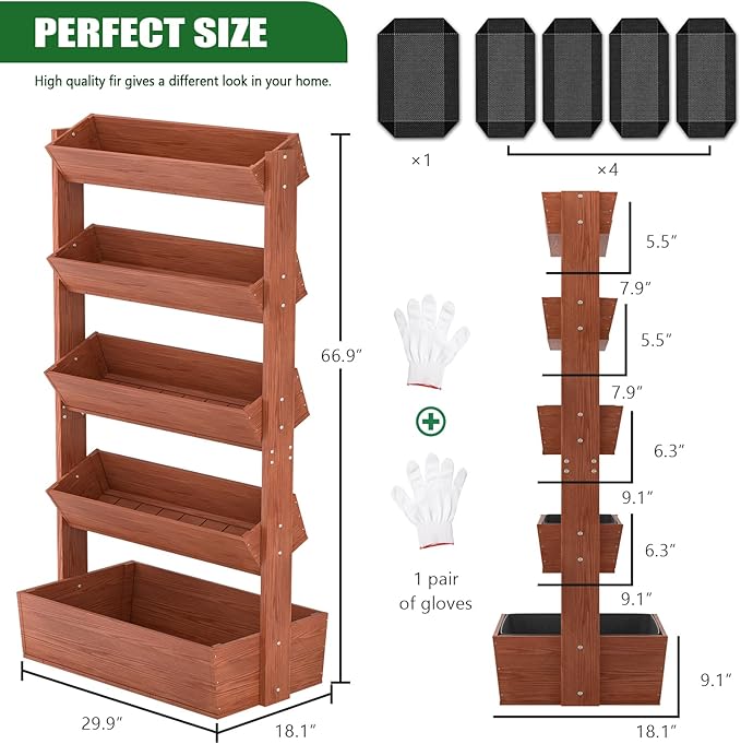 Wooden Vertical Raised Garden Bed 5 Tier Garden Planters Raised Beds Freestanding Plant Stand Flower Rack Wooden Planter Box for Plants Herbs Flowers Vegetables Outdoor Indoor Gardening