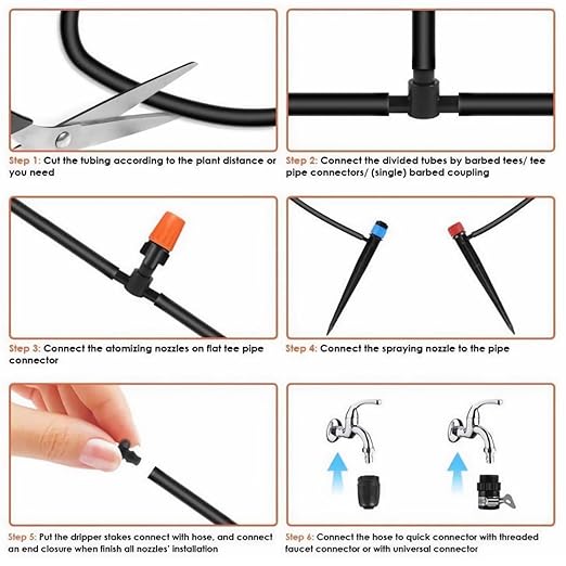 240FT Drip Irrigation System Kit Garden Watering System with 1/2 Inch Hose 1/4 Inch Distribution Tubing Nozzle Emitters and Accessories Adjustable Irrigation System for Greenhouse Yard Lawn