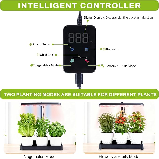 Indoor Garden Led Grow Light Full Spectrum LED Grow Lamp for Indoor Plants with Intelligent Controller Height Adjustable Ideal for Home Desk Plant Lighting (Without Pots) (Black 16.5*6.5*4 inch)