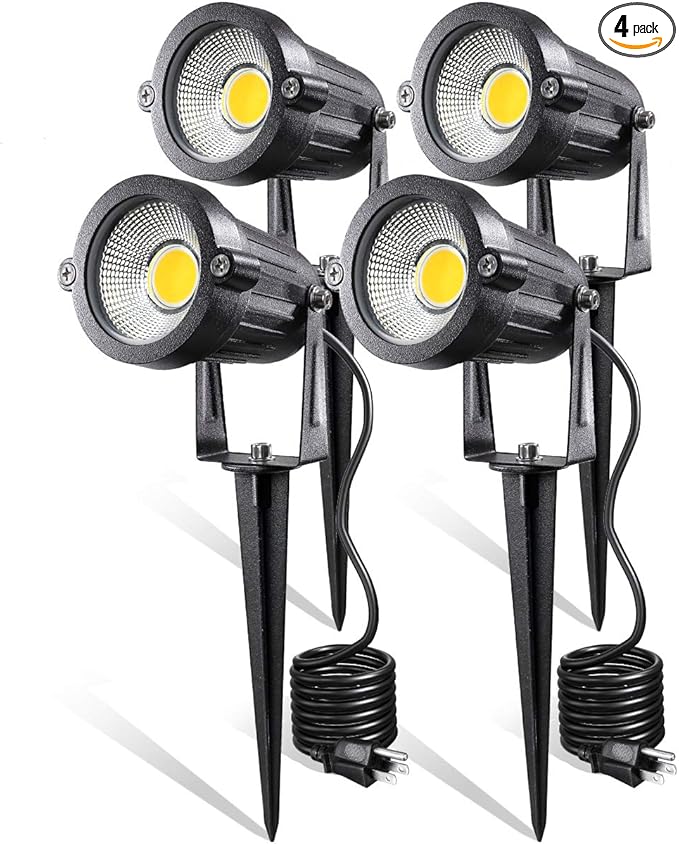 LED Landscape Lights5W 120V AC Outdoor Pathway Garden Yard SpotlightIP65 Waterproof Garden Flood LightOutdoor Spotlight with StakeUL Cord 5-ft with Plug (Pack of 4 Warm White)