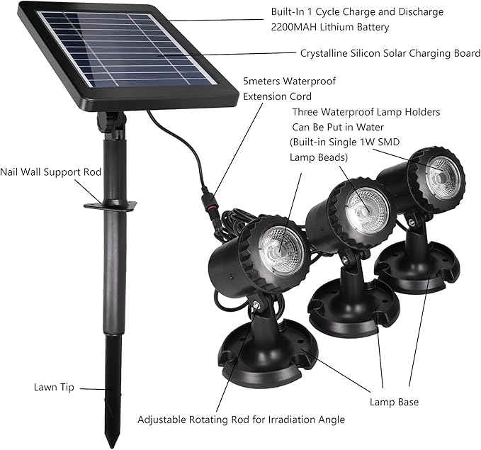 Solar Spotlights Outdoor IP68 Waterproof 3 in 1 Solar Landscape Lighting Dusk to Dawn Solar Uplights Lighting Facilities for Courtyard Decoration
