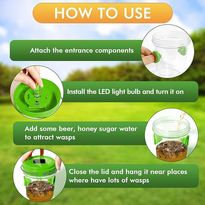 Wasp Traps for Hunting Wasps Bees Hornets Insects Yellow Jacket Traps Wasp Trap Catcher Reusable Solar Powered Hanging for Outdoor 4 Packs