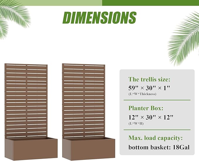 Casaphoria 60x30 Metal Raised Garden Bed with Trellis(2 Pack) Outdoor Planter Box with Wheels &amp Drainage Holes for Climbing Plants Flowers Elevated Garden Kit with Privacy Screen Brown-Louve