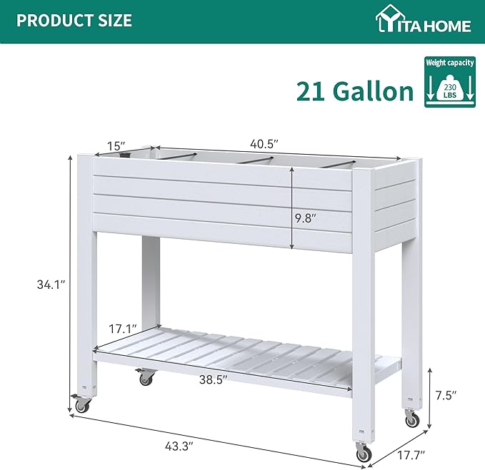 YITAHOME 3.6x1.5x2.8 FT Elevated Garden Bed Kit with Legs and Wheels Outdoor Large Resin Planter Box Stand with Drain Plug and Storage Shelf for Plants Vegetables Fruits Grayish-White