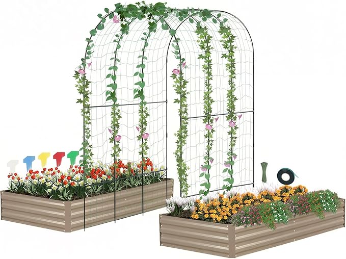 DTIG Galvanized Raised Garden Bed with Trellis 6×3×1 FT 2 Pack Outdoor Garden Bed Upgraded 4×3 Support Brown
