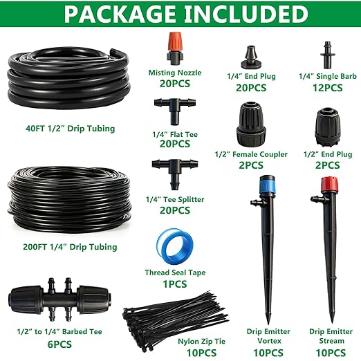 135PCS 240FT Drip Irrigation System Set Automatic Drip Irrigation Kit for Greenhouse Yard Lawn Plant with 1/2 inch Hose 1/4 inch Distribution Tubing and Accessories