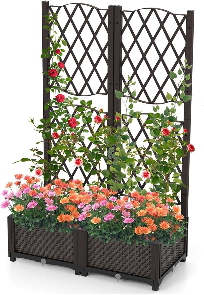 LDAILY Moccha Raised Garden Bed with Trellis - Planter with Trellis Self-Watering Device Drainage Hole Standing Garden Bed for Climbing Plant Vegetable Herb Flower (32”L x 16”W x 53”H)