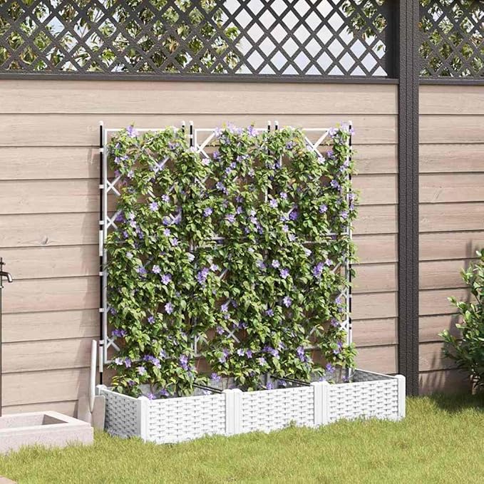White PP Garden Planter with Trellis 3 Pcs Set 120 x 40 x 125.5 cm UV Resistant Raised Garden Bed for Outdoor Plants Gardening