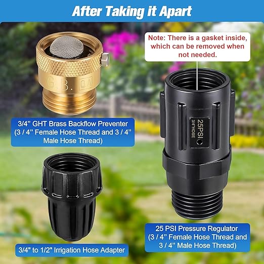 Feekoon 4 Set 25 Psi Drip Irrigation Faucet Adapter Kit 1/2'' Irrigation Tubing to 3/4'' Faucet Water Pressure Regulator Backflow Preventer with Filter Drip System Parts