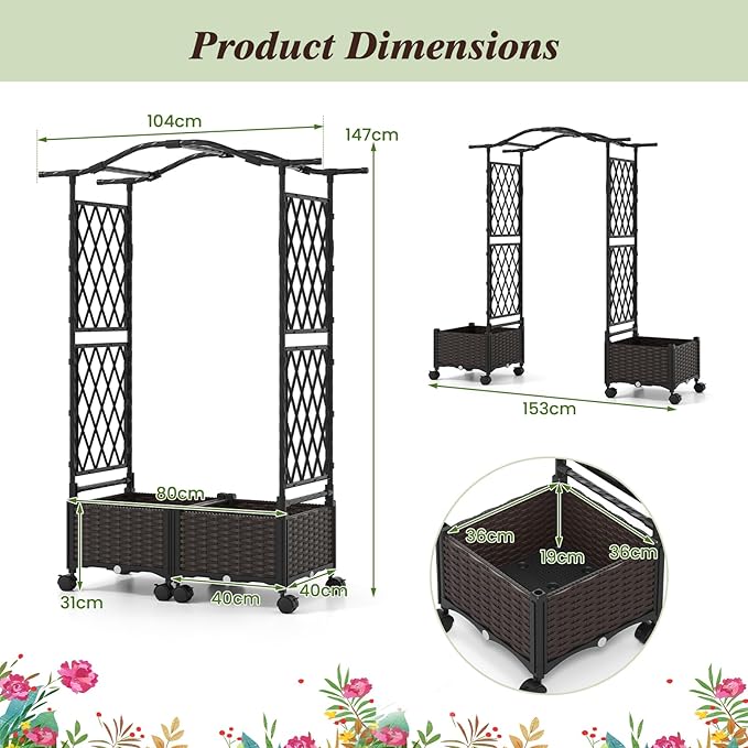 HAPPYGRILL Raised Garden Bed with Trellis Tall Self-Watering Planter Box on Lockable Wheels w/Roof Weatherproof Rattan Garden Bed Outdoor for Climbing Vine Flower (41” x 16” x 58”)