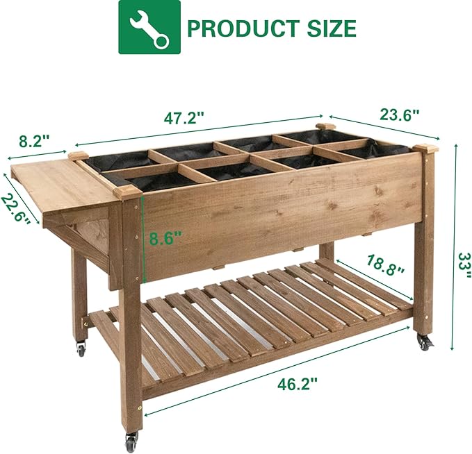 Raised Garden Bed with Wheels Wood Elevated Garden Box with W-Connection Tabsfor Vegetable Flower Herb Large Storage Shelf Easy to Assemble 55.5x24x32in
