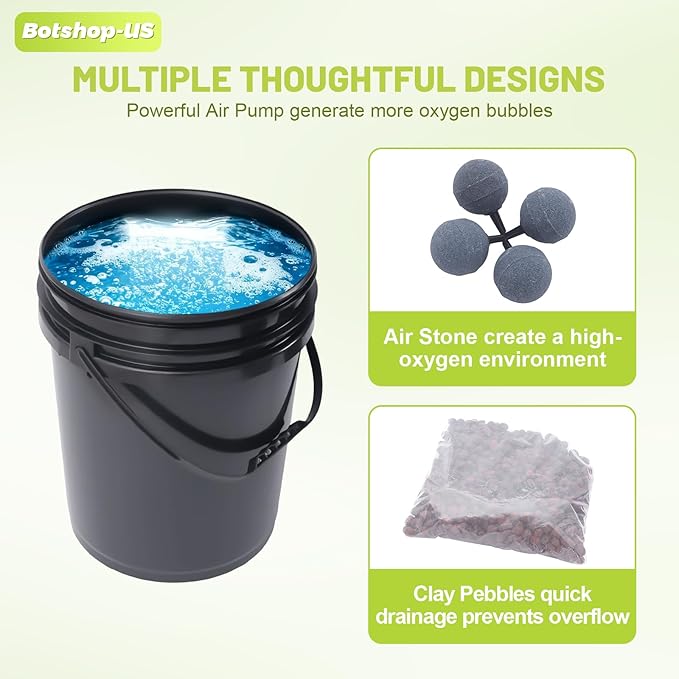 DWC Hydroponics Grow System with Top Drip Kit 5-Gallon 4 Buckets Deep Water Culture Recirculating Drip Garden System with Air Pump Hose Air Stone (4 Buckets + Top Drip Kit)