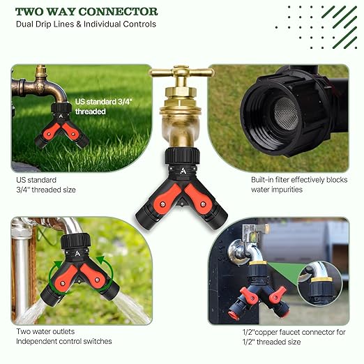 A ANLEOLIFE 230FT Drip Irrigation System Kit Complete Garden Watering System with 1/2” &amp 1/4” Quick-Connect Tubing 32 Adjustable Emitters for Raised Beds Lawn Greenhouse Potted Plants