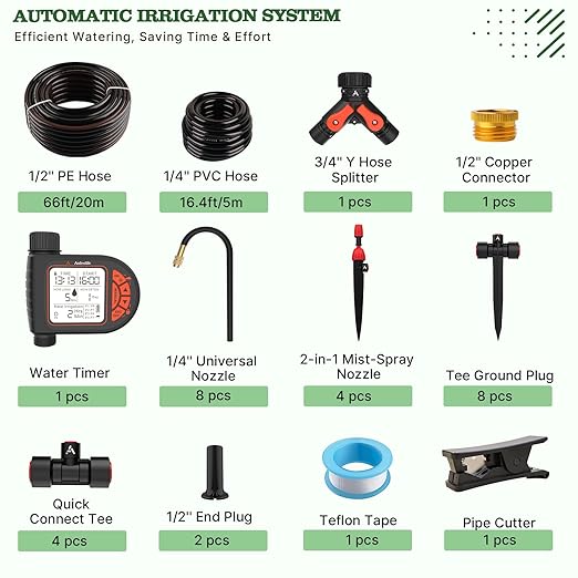 A ANLEOLIFE 82.4FT Automatic Drip Irrigation Kit with Water Timer 8 Programs &amp LCD Quick-Connect System 1/2 Mainline + 1/4 Tubing 360° Bendable Nozzles for Raised Beds Garden &amp Greenhou