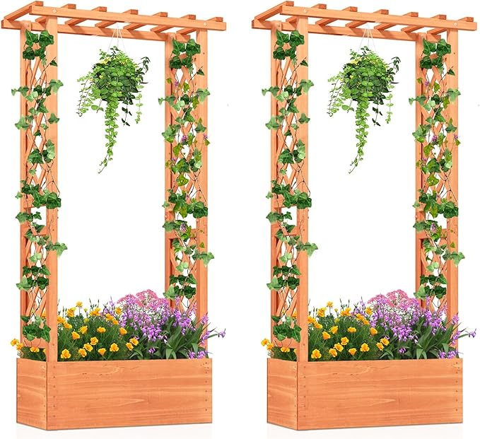 HAPPYGRILL Raised Garden Bed with Trellis 2 Pack Wood Elevated Garden Bed with Hanging Roof Planter Box Drainage Holes for Climbing Plants Flowers Vegetables 31 L x 14 W x 60 H