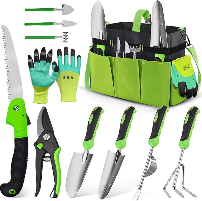 Gardening Tools Set of 11 Heavy Duty Stainless Steel Garden Hand Tools with Tote Bag Rust-Proof Ergonomic Gardening Kit Gifts for Women Men Plant Lover