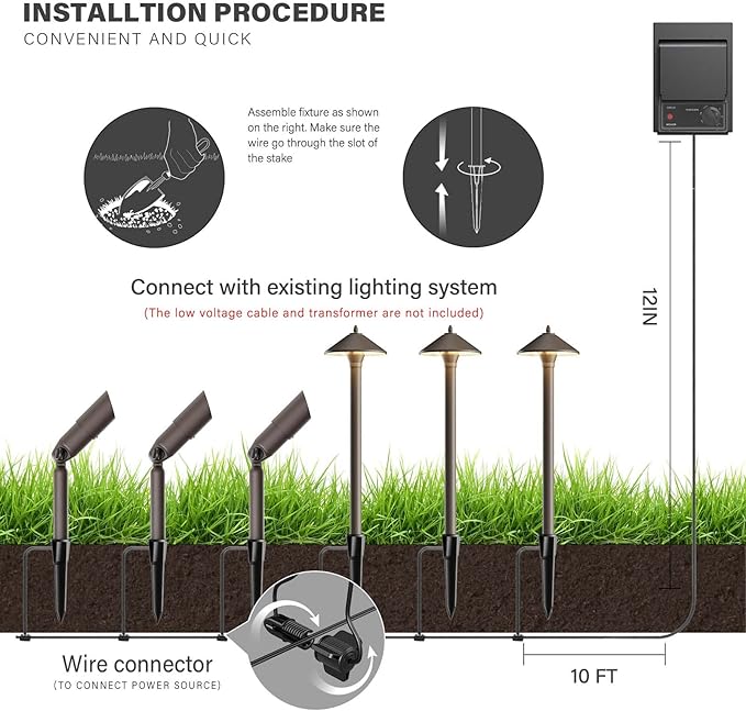 GOODSMANN Landscape Light 10 Pack Pro Light Set Waterproof Low Voltage Lighting Halogen Bulb (Pathway Light&ampSpotlight&ampPower Pack&ampCable Wire)