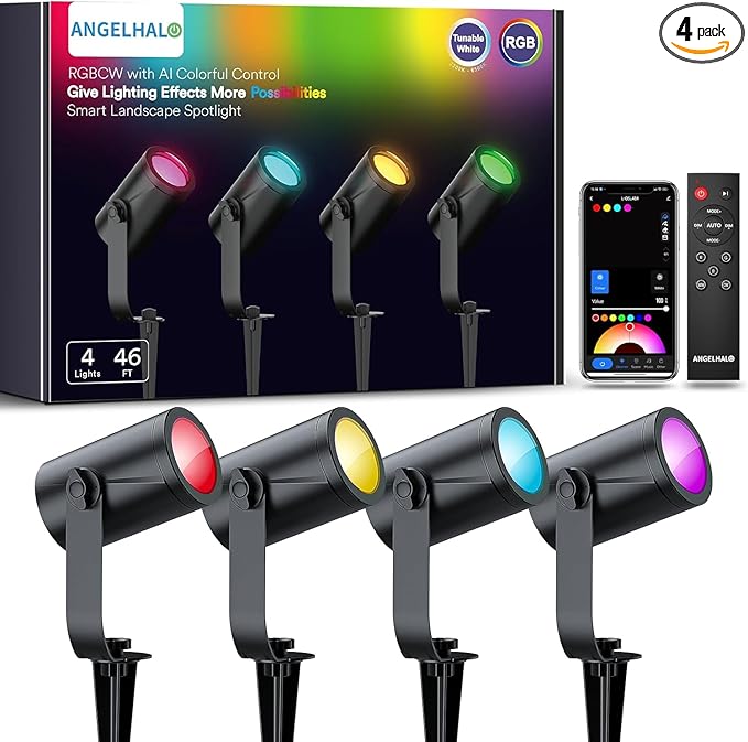 ANGELHALO Smart Landscape Spotlights 4 Pack RGBW Pathway Lights 2000LM Dimmable IP65 Waterproof Compatible with Alexa Outdoor Decoration