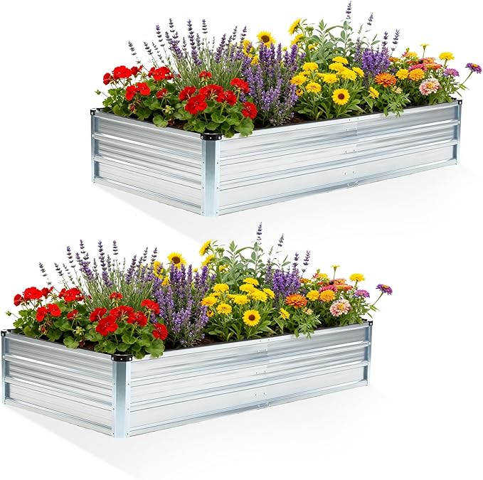 DUMOS Galvanized Raised Garden Bed Outdoor 2 Pcs 6x3x1ft Planter Box Outdoor for Deep-Rooted Herbs/Flowers/Vegetables Large Metal Garden Bed for Patio Balcony and Backyard Silver