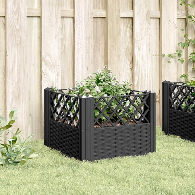 Black Polypropylene Garden Planter 17.1 inch Square Modular Outdoor Raised Bed for Flowers Vegetables UV Resistant Basketweave Finish