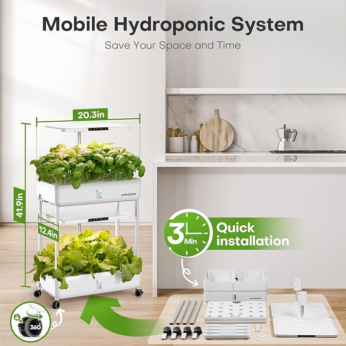 Ahopegarden Hydroponics Growing System Indoor Garden 44 Pods Plant Herb Garden Germination Kit with LED Grow Light 20L Double-Layer Large Capacity Hydrophonic Planter Grower for Vegetable Fruit