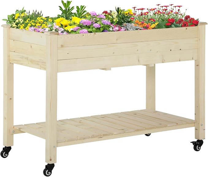 Raised Garden Bed 2-Tier Planter Box with Wheels &amp Storage Shelf