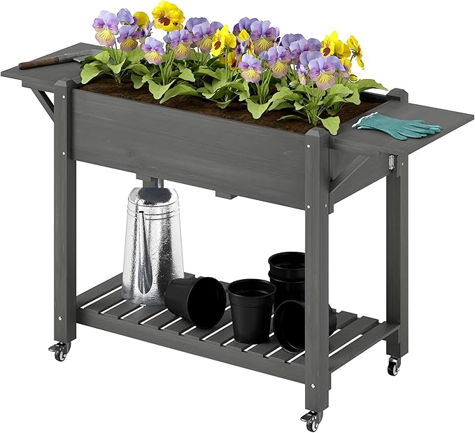 Wood Garden Bed Raised with Heavy-Duty Lockable Wheels Sturdy Side Tables Adjustable Bottom Shelf Professional Drainage Holes and Natural Gray Finish