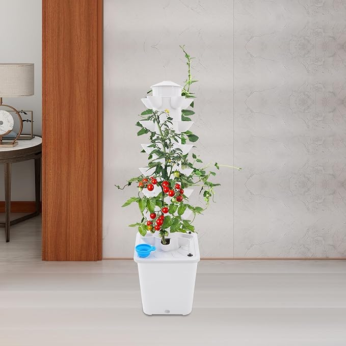 Hydroponic Growing Tower - 7-Tier Vertical Indoor Garden with 35 Planting Holes Automatic Water Circulation &amp Brushless Pump for Vegetables Fruits Herbs (White)