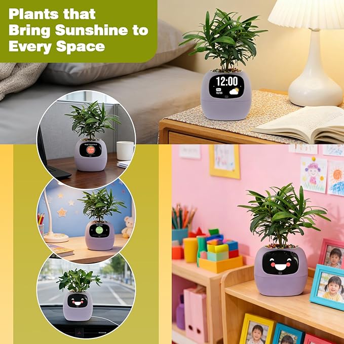 Smart Planter with App Control Self-Watering AI Plant Pot with LCD Display Interactive Desk Plant Companion for 100+ Plants Smart Indoor Planter with Pomodoro Timer80ml ReservoirCalendar-Purple