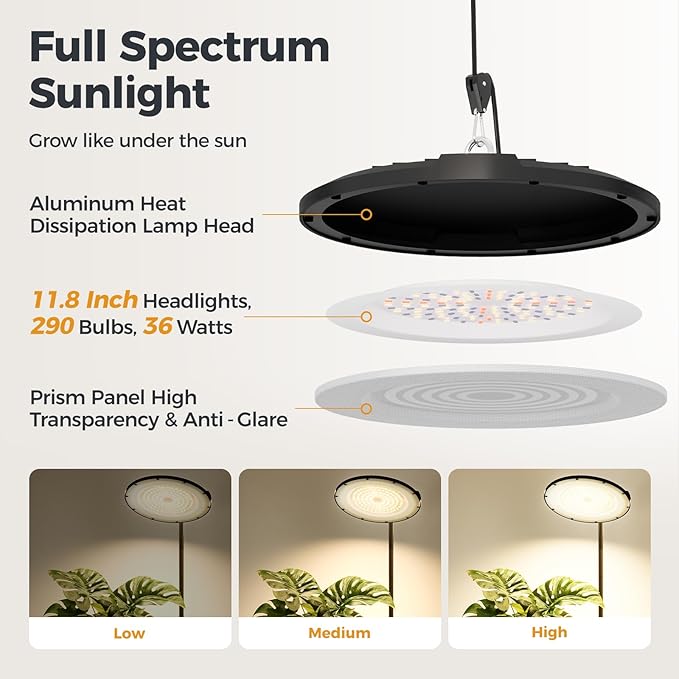 Bamworld Hanging Grow Light for Indoor Plants Full Spectrum 10 Dimmable Levels LED Grow Light Height Adjustable Long Cord Timer Garden Greenhouse Flowers Large Tall Plant Black