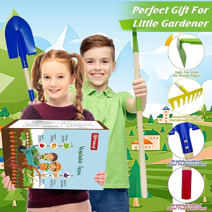 Kids Gardening Set with Wheelbarrow Real Metal Garden Tools for Kids Ages 3-8 4 Long Handle Tools 3 Hand Tool Gloves 5 Stickers Handbook Outdoor Backyard Toys for Toddler Gift