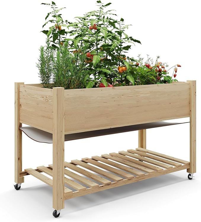 48x24x32in Wood Raised Garden Bed Bottom Shelf for Flowers Veggies Elevated Planter Box Stand for Backyard Patio 4 Legs Lockable Wheels Protective Liner Natural