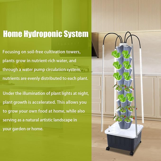 Hydroponics Growing System Tower Kit with Led Light 40pods Vertical Hydroponic Tower 8 Layer Hydroponics Tower Indoor Garden for Herbs Fruits and Vegetables (Black)