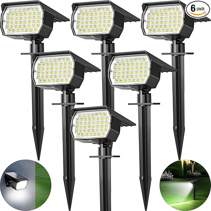 Solar Spot Lights Outdoor 6 Pack [46 LED/3 Modes] Solar Landscape Spotlights Waterproof 2-in-1 Auto On/Off Solar Powered Lights for Outside Yard Garden Wall Pathway(Cool White)