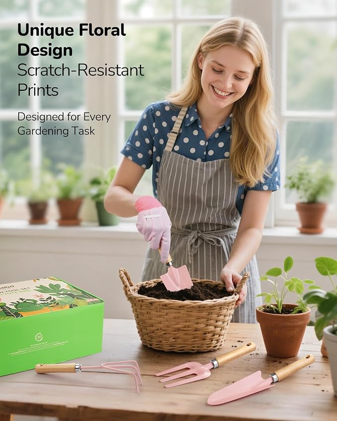 Gardening Tools 10-Piece Gardening Gift Set for Women Rust-Proof &amp Heavy-Duty Tools with Floral Organizer Bag Fashionable &amp Thoughtful Gift for Garden Women (Pink Red)