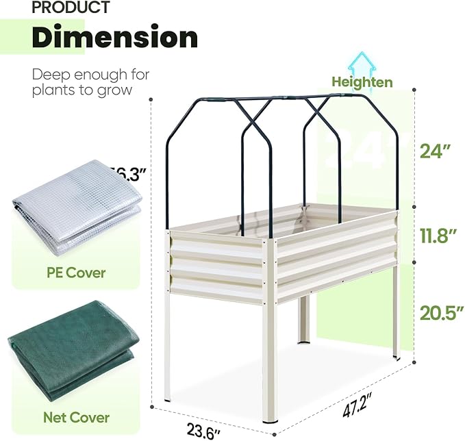 KING BIRD Raised Garden Bed with Cover &amp Netting Galvanized Elevated Large Planter Box with Legs for Backyard Patio Balcony 400lb Capacity Beige 48×24×56 in