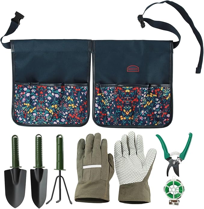 Garden Tool Set 8 Pcs Stainless Steel Heavy Duty Metal Gardener Gardening Hand Tool Set with Belt Bag Includes 8 Small Pockets Outdoor Heavy Duty Gardening Work Set with Ergonomic Handle