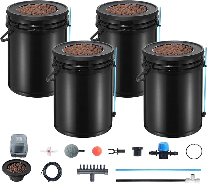 VEVOR DWC Hydroponics Grow System Hydroponic Growing System with Top Drip Kit Deep Water Culture 5-Gallon 4 Buckets with Air Pump Air Stones and Water Level Device for Leafy Vegetables