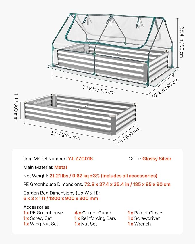 VEVOR 6x3x1FT Metal Raised Garden Bed with Greenhouse Cover Outdoor Galvanized Planter Raised Beds for Gardening for Vegetables Flowers and Fruit