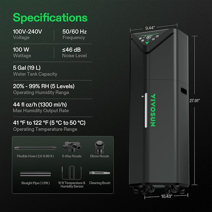 VIVOSUN AeroStream H19 Intelligent Environmental 19L Humidifier with Temp &amp Humidity Probe Top Control Panel Smart Remote Control Designed Specifically for Use with Grow Tents