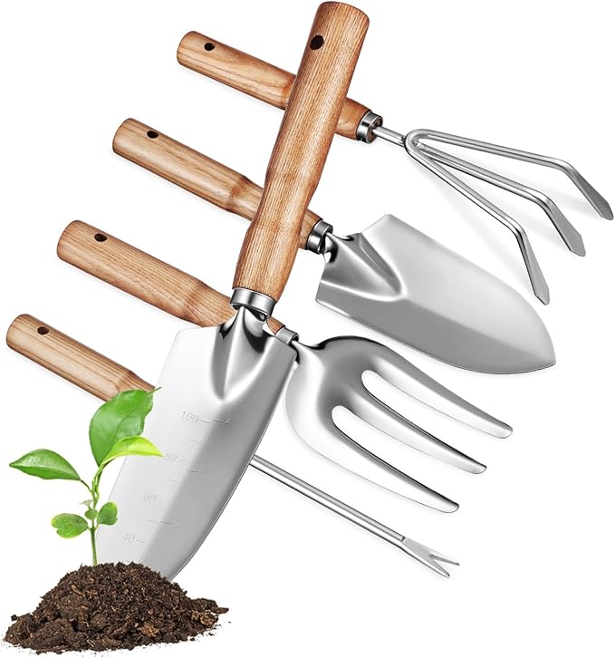 Generic Sturdy Stainless Steel Garden Tools Set with Ash Handles Multi-Function Gardening Kit for Men and Women Includes Various Trowels for Digging Pruning and Planting Tasks