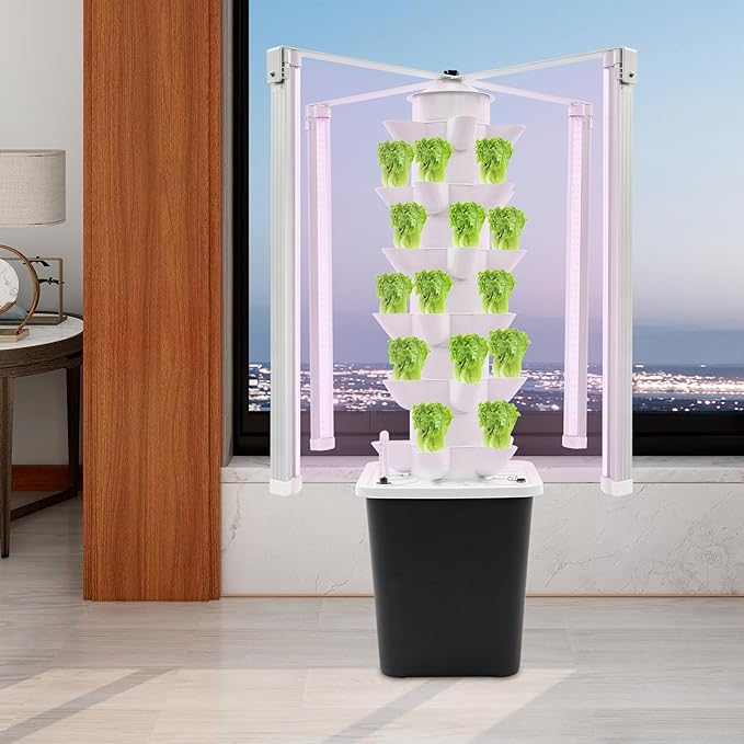 6 Tiers 30 Pods Vertical Hydroponic Tower with LED Grow Light Hydroponic Growing System with Water Pump Indoor Garden Germination Kit for Herbs Vegetables Lettuce Home Balcony Kitchen Use (Black)