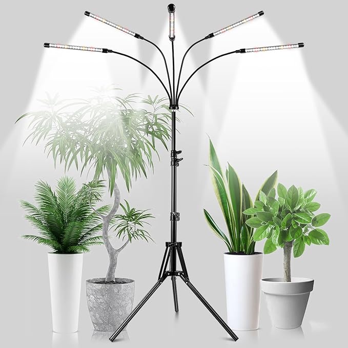 Garpsen Grow Lights for Indoor Plants 5 Heads Full Spectrum Grow Light with Adjustable Tripod Stand 100PCS LEDs Plant Light for Indoor Plants with 6/12/16H Timer and 3 Light Modes(No Clip)