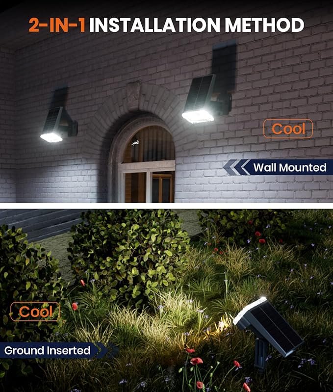 2-Pack Solar Lights Outdoor Waterproof IP67 3 Color Modes (Warm/Cool White &amp Hybrid) with 3 Lighting Modes 105° Adjustable Dusk to Dawn Solar Spotlights for Pathway/Garden/Yard Wall/Ground Light