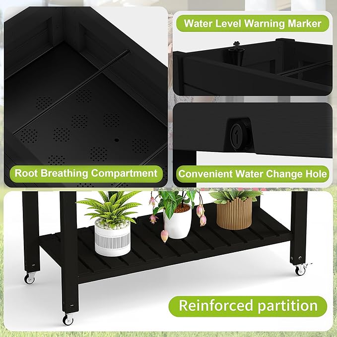 Raised Garden Bed with Legs 33.66 Tall Self-Watering Resin Planter Box with Lockable Wheels Drainage Plug and Gauge for Vegetables Flowers Storage Shelf for Tools and Accessories (Black)
