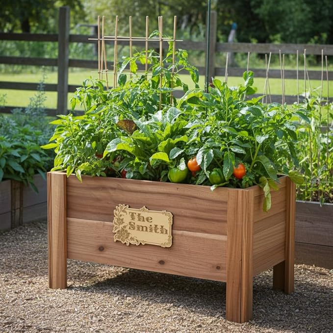 Personalized Cedar Raised Planter Box – Custom Plaque Plate Engraved Garden Bed for Vegetables &amp Flowers Handmade in USA