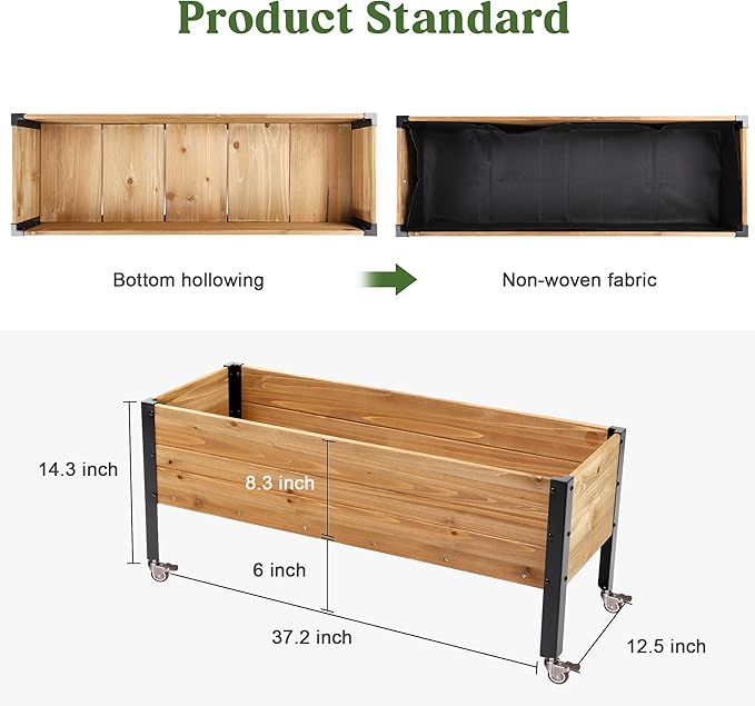 Wood Rectangular Garden Planter Box with Wheel Raised Garden Bed OutdoorPlanters for Outdoor Plants 37 * 13 * 15 Elevated Planter Box for Herbs Vegetables Flowers Outdoor Patio Deck Balcony