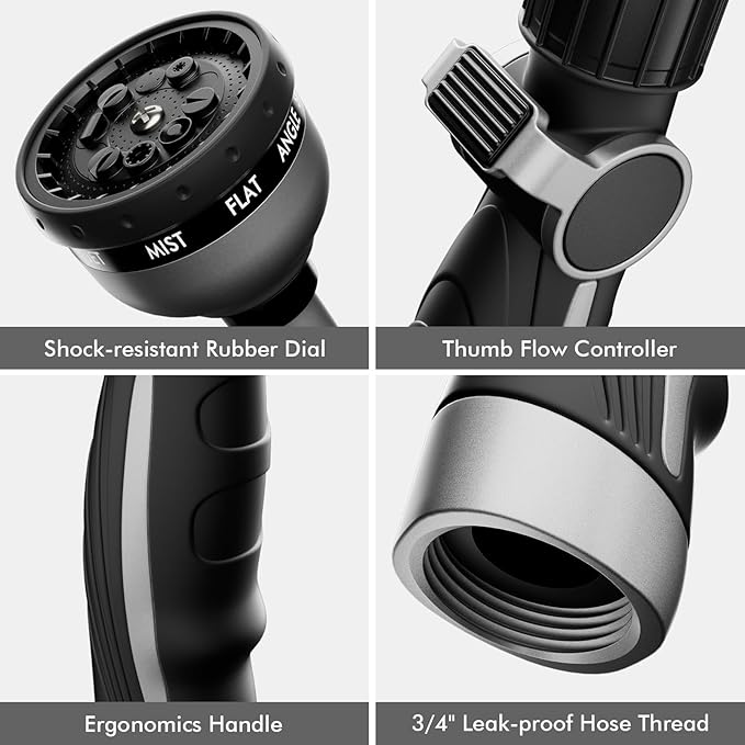 RESTMO Watering Wand Heavy Duty Metal Garden Hose Wand with Thumb Flow Control 15-Inch Long Hose Nozzle Sprayer with 10 Spray Patterns Ideal to Water Hanging Baskets and Shrubs Silver