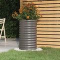 Large Cylindrical Grey Garden Planter Powder-Coated Steel Outdoor Durable Modern Design for Flowers Herbs Vegetables on Patio Balcony and Terrace